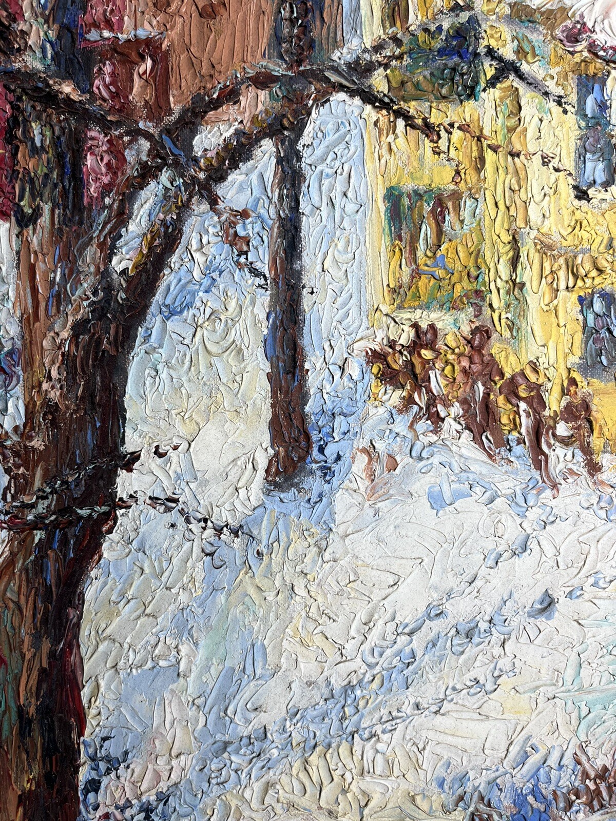 ORIGINAL TEXTURED AMERICAN TOWN ANTIQUE WINTER SNOW VINTAGE LANDSCAPE PAINTING