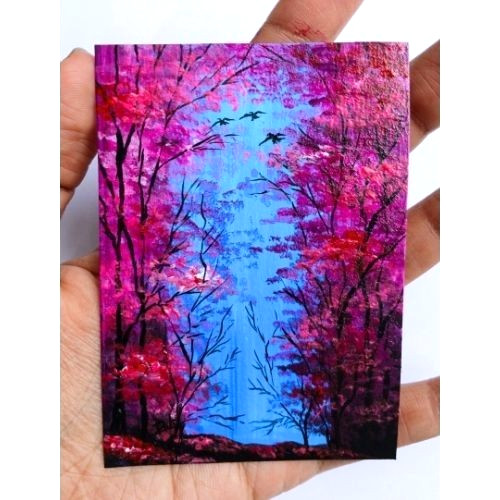 ACEO Original Landscape Nature Tree Waterfall Pop Art Acrylic Hand Painting NEW
