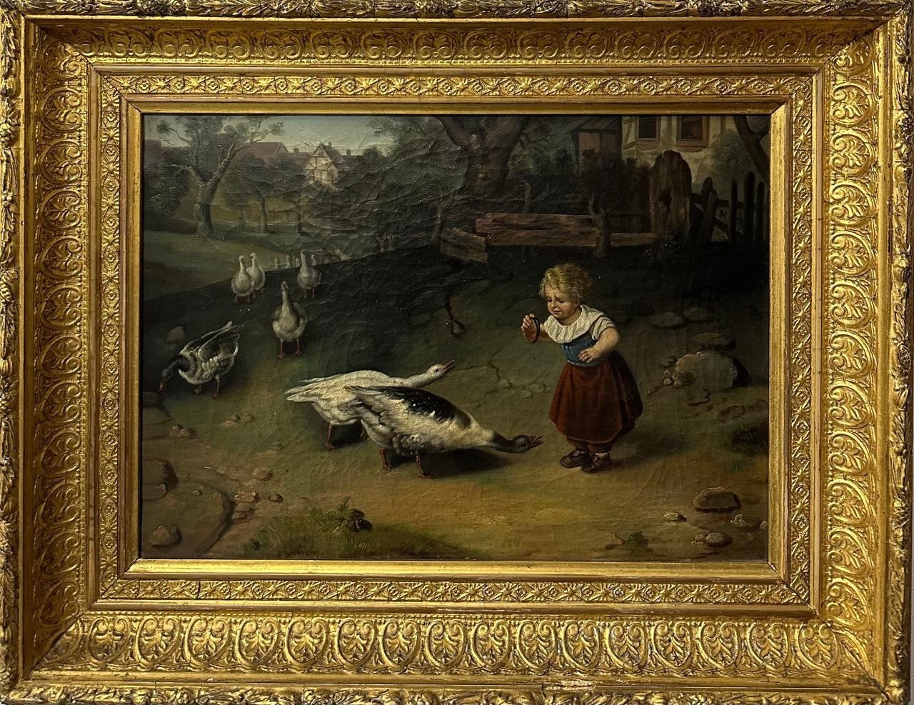 Continental School (19TH Cen-ry) : Child Feeding Geese , Oil On Canvas