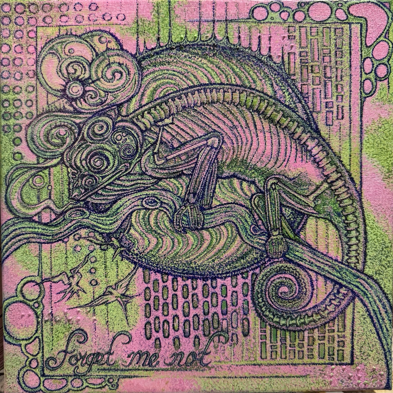 Hand-Stippled Chameleon Painting – “Forget Me Not” | Original Acrylic Art