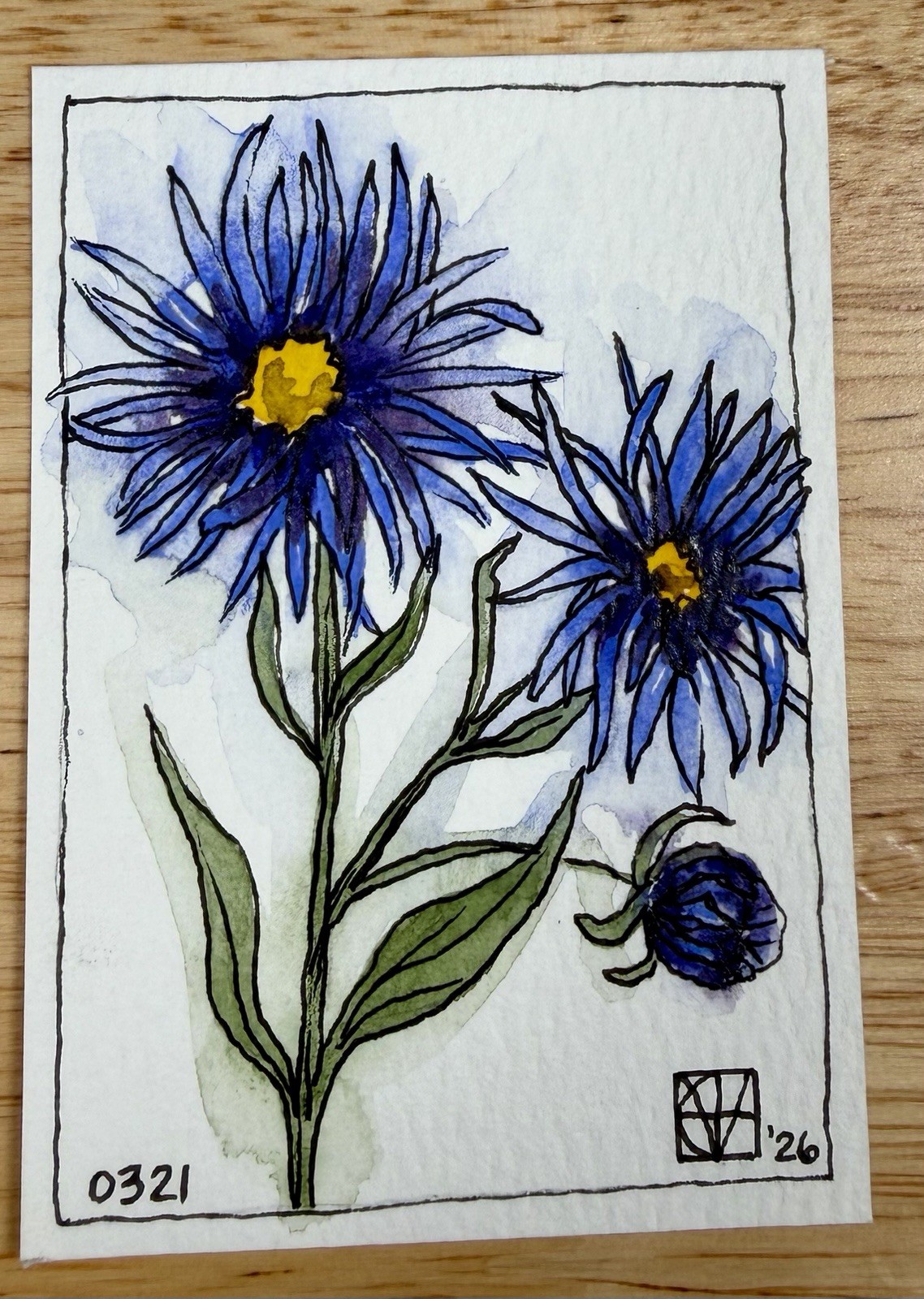 ACEO Painting by M. Hackney Blue Flower Watercolor & Ink, Signed, 2.5×3.5″ 2026