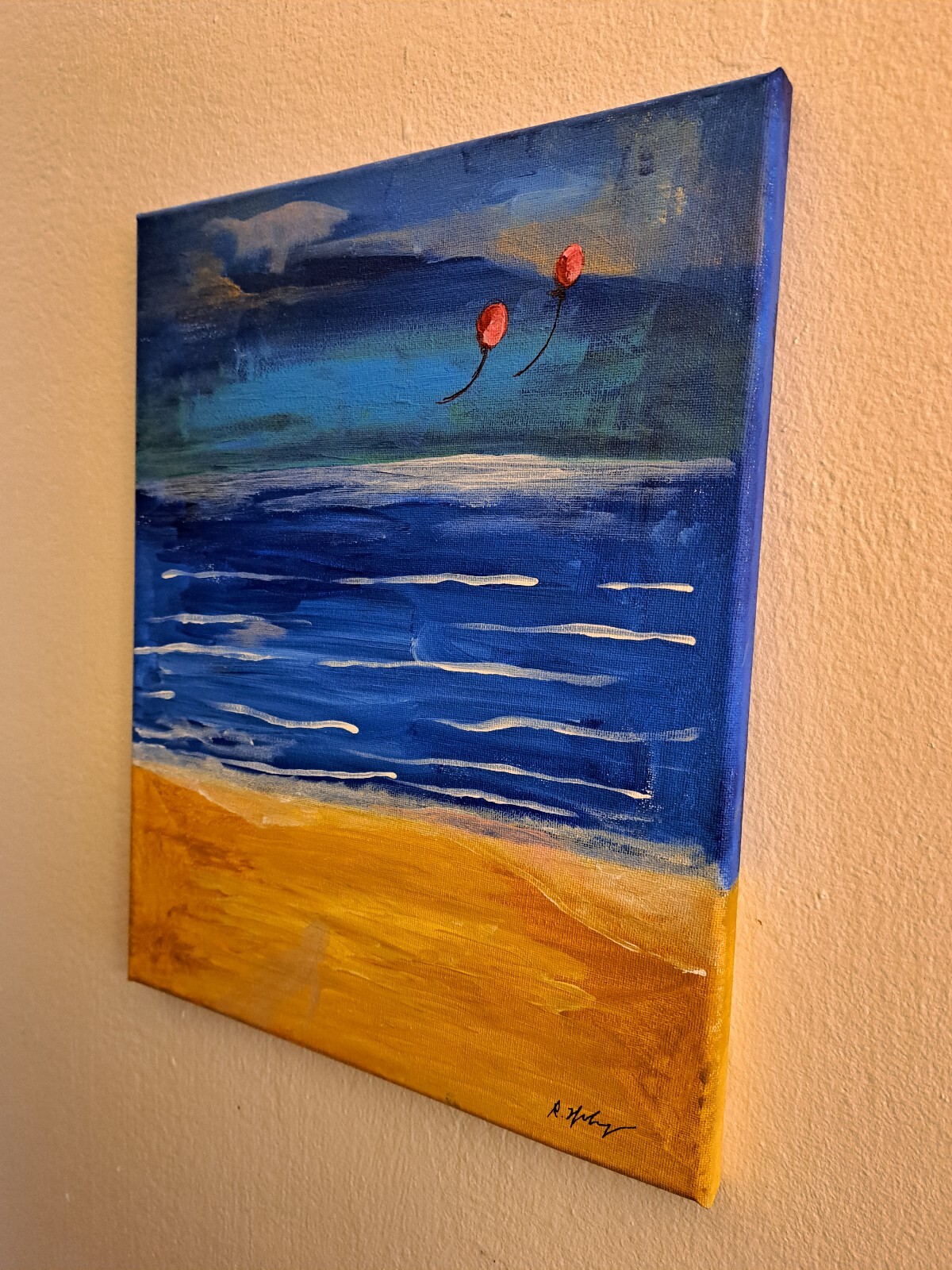 Original acrylic ink «Red Balloons at Beach» Beachscape 14×11 Limited 1/1 Signed