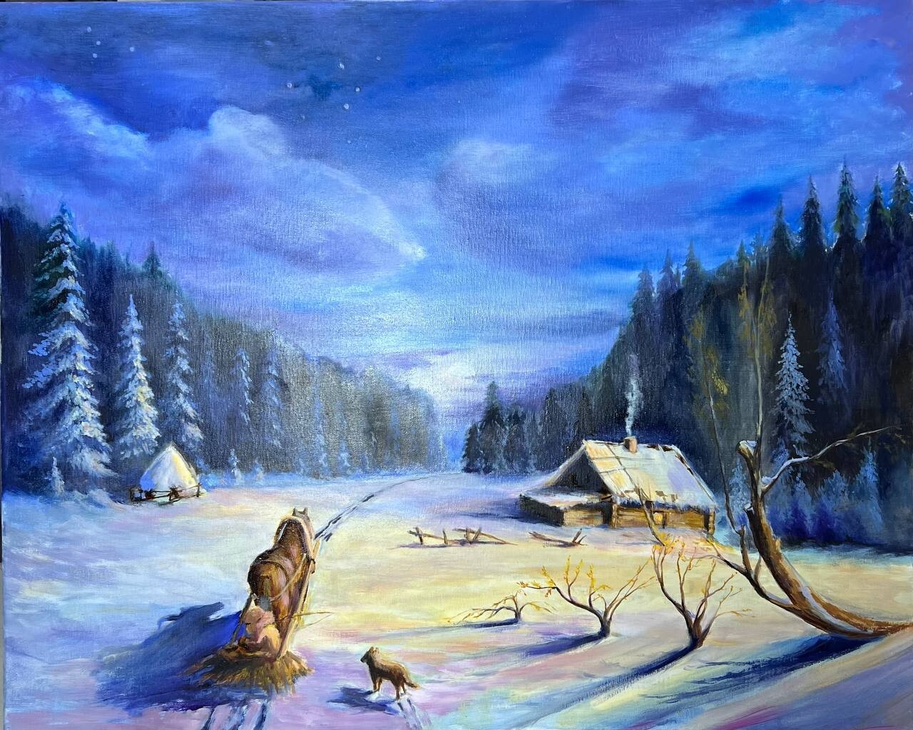 Blue Winter Forest,30×24 inches, ORIGINAL OIL PAINTING, Wall Art Decor,Home Gift