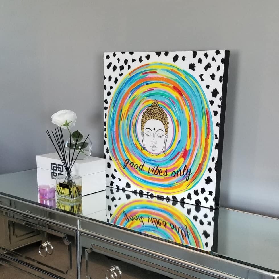 Diamond dust resin gold leaf colorful good vibes only custom canvas painting