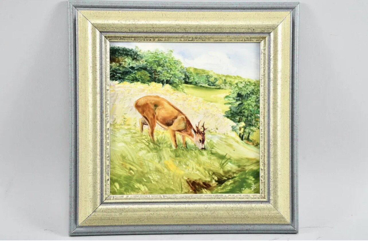 Porcelain Plaque Deer monogr. JS, dated 1951