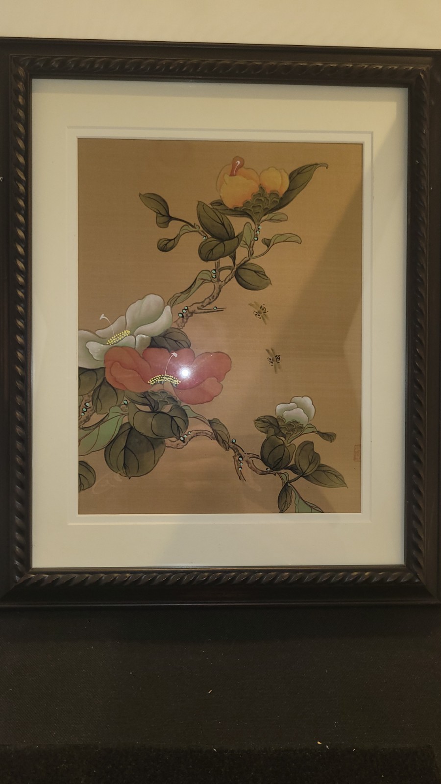 Oriental Painting On Silk Orange & Red Blossoms Asian Watercolor Stamped 16″x14″