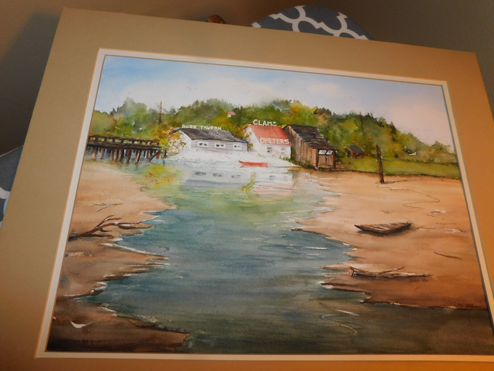Original Watercolor Clam Oyster Shack Buzz Tavern Boat Signed Janey ’83
