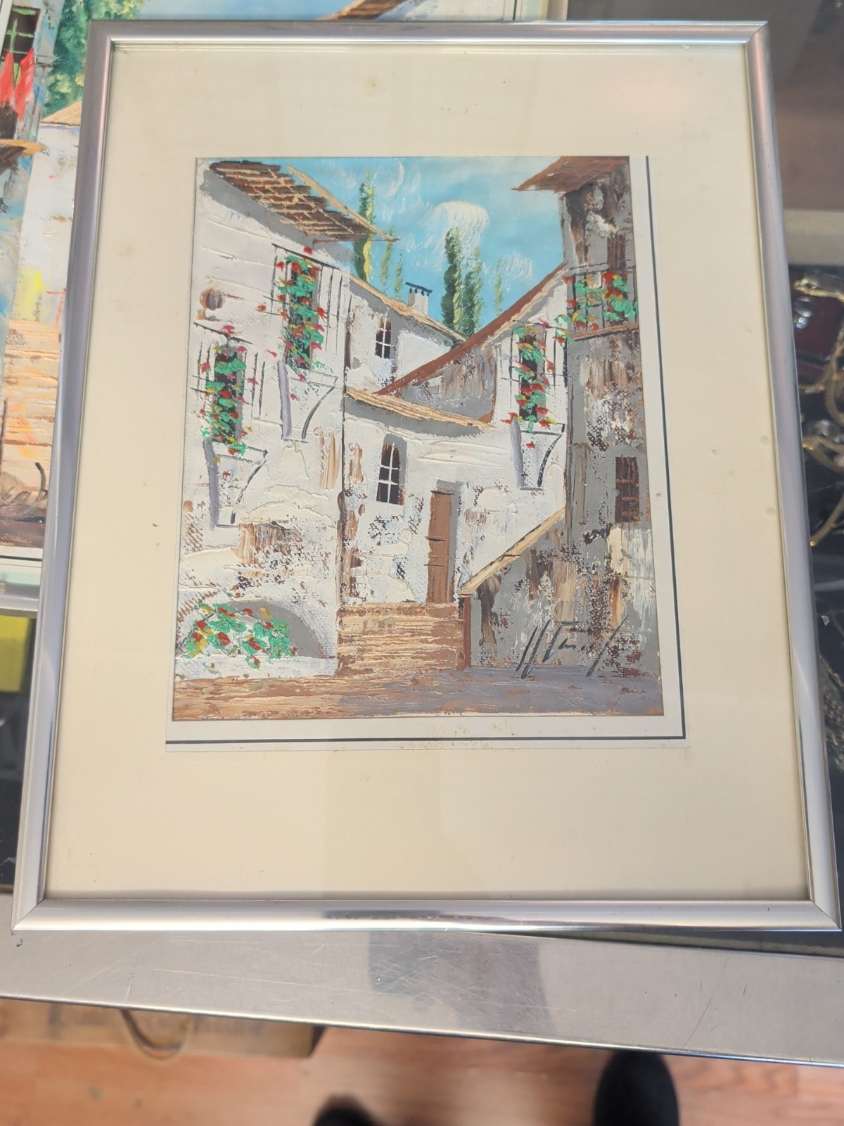 Original Signed ? European Street Scene Oil On Canvas Total Size 11”x14”