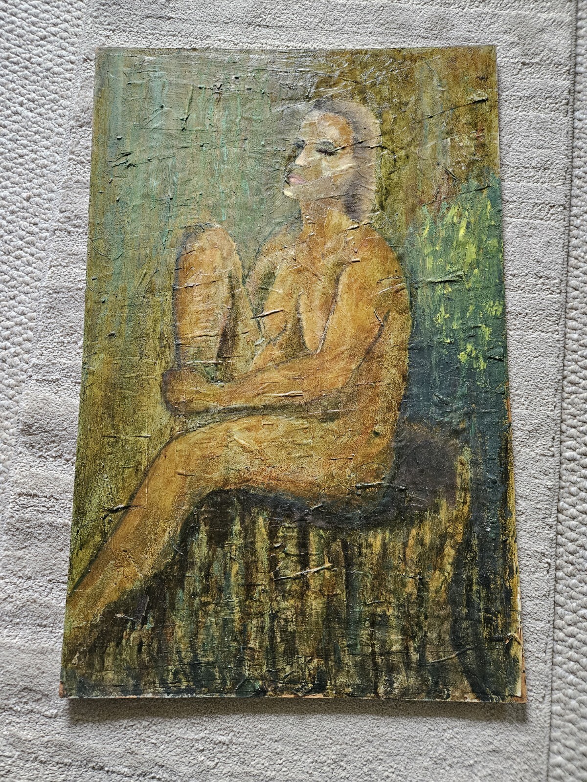 Mid Centurry Female Nude Oil Painting Fabric Layered Board Yellow Green Sitting