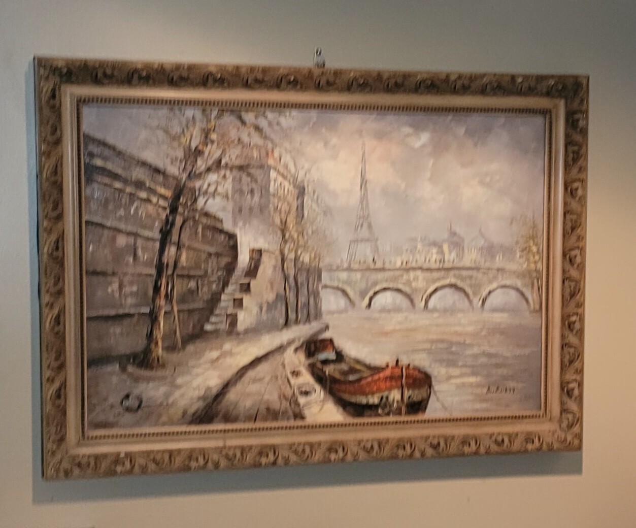 VINTAGE FRENCH SCENERY OF Parir Eiffel TOWER OIL ON CANVAS PAINTING SIGNED O