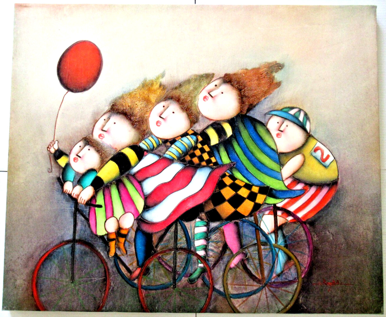 JOYCE ROYBAL «WHIMSICAL / CHILDREN ON BICYCLE» ~ (20″ X 24″) ~ **OIL PAINTING**