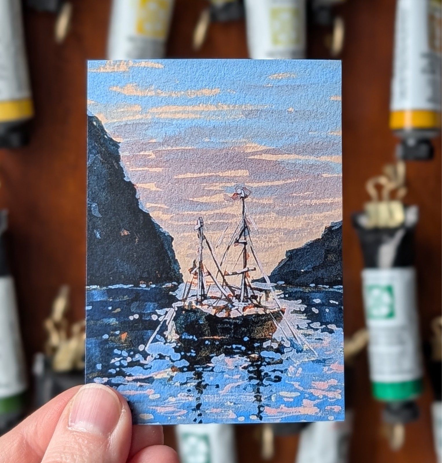 ACEO Print, Pirate Ship Nautical Dawn Fantasy Sunrise Seascape, 2.5″ x 3.5″