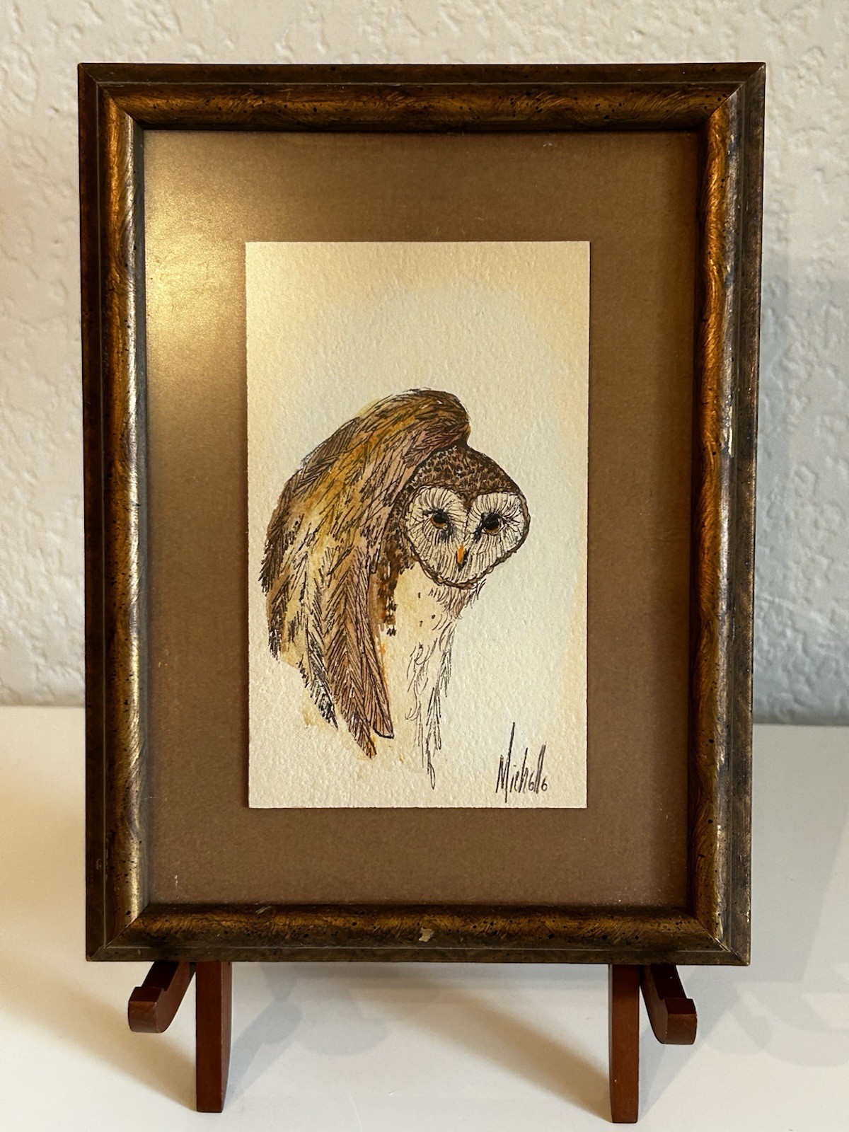 Original Owl Mixed Media Art Signed Michelle Framed 6×8 Woodland Bird