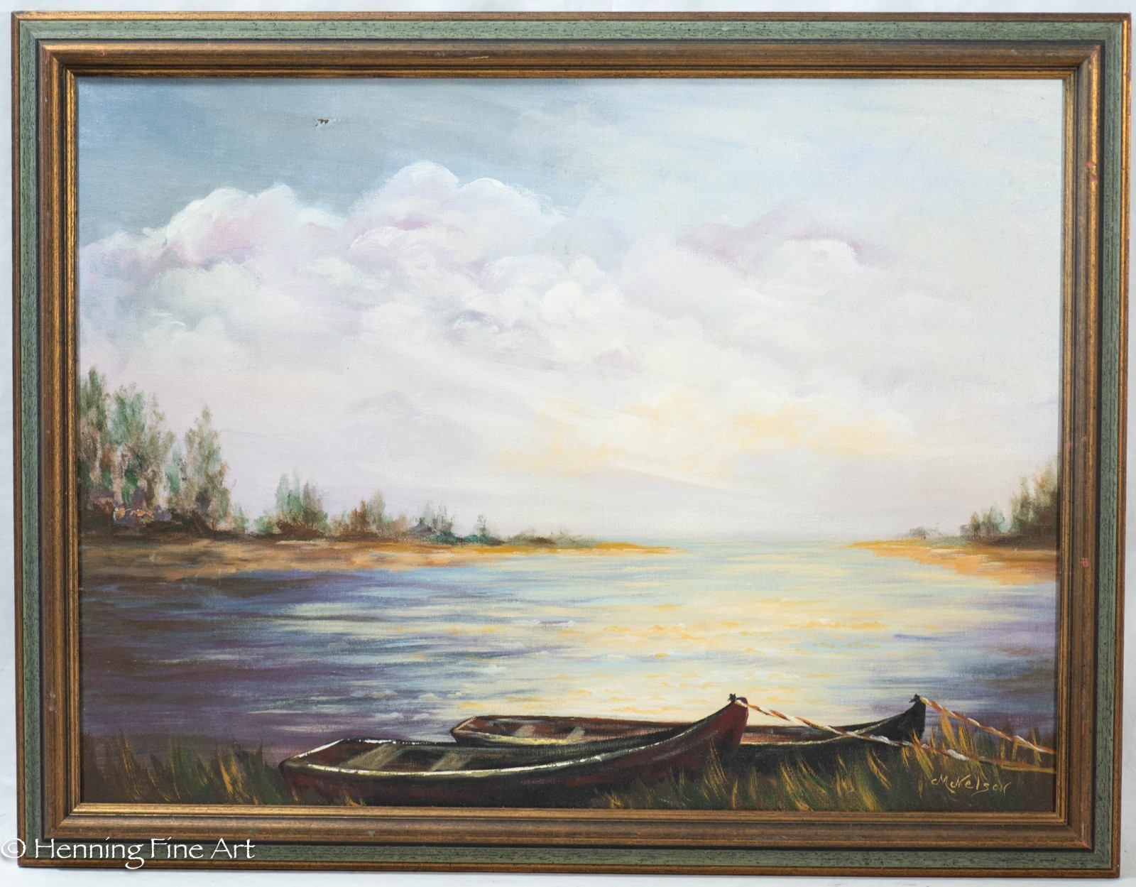 Beautiful Vintage Oil Painting Wide River Landscape Signed M. Nelson, Framed