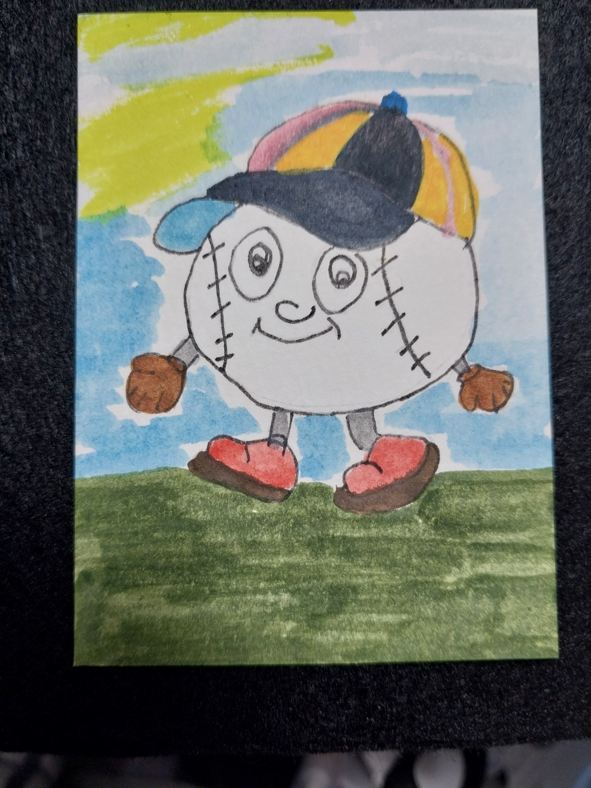 ACEO Art Card ATC Watercolor Baseball 3.5X2.5 Sports Whimsical Painting by GAT