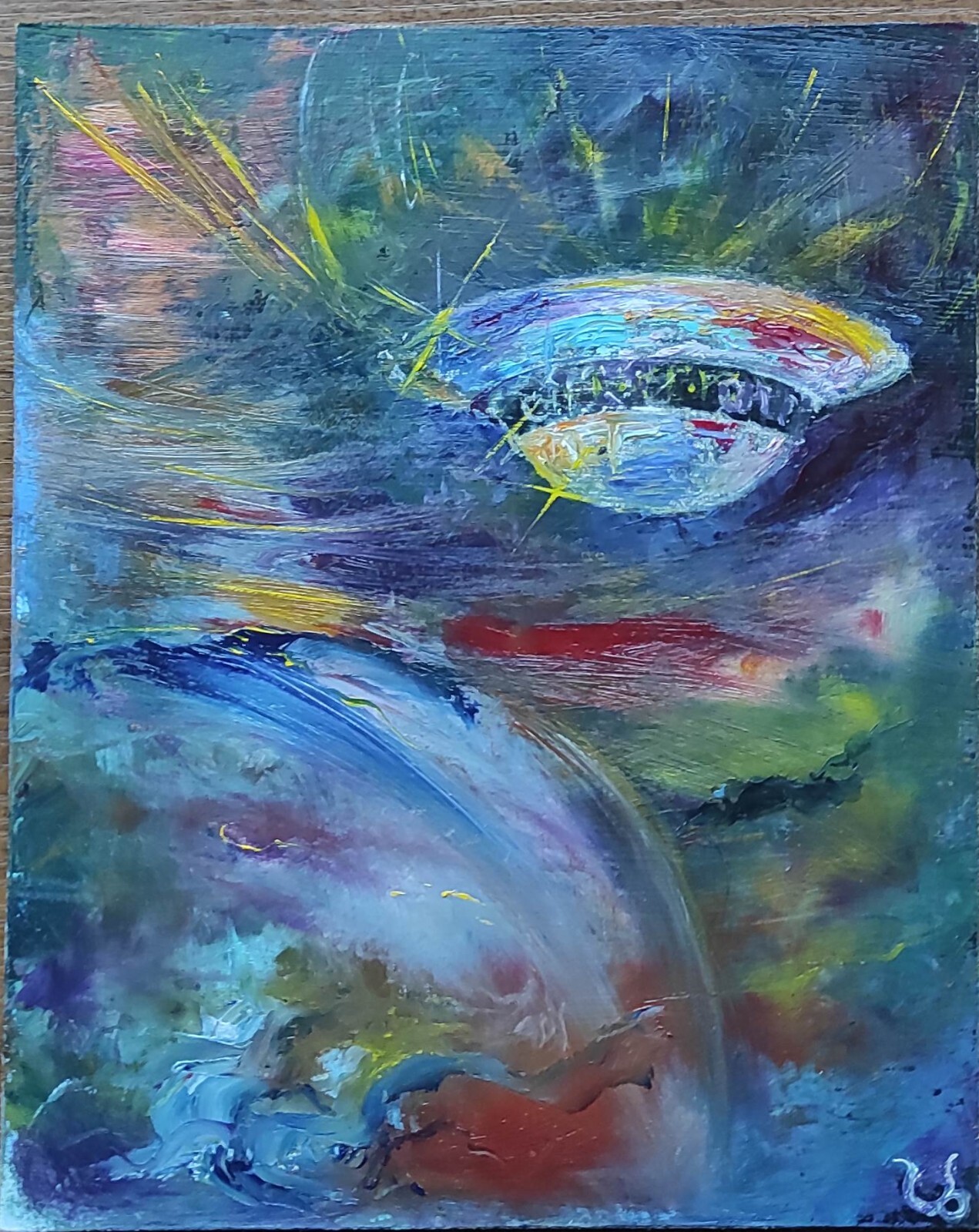 Oil painting on cardboard ‘UFO over the planet’ 8×10 in Handmade. Original. 2023