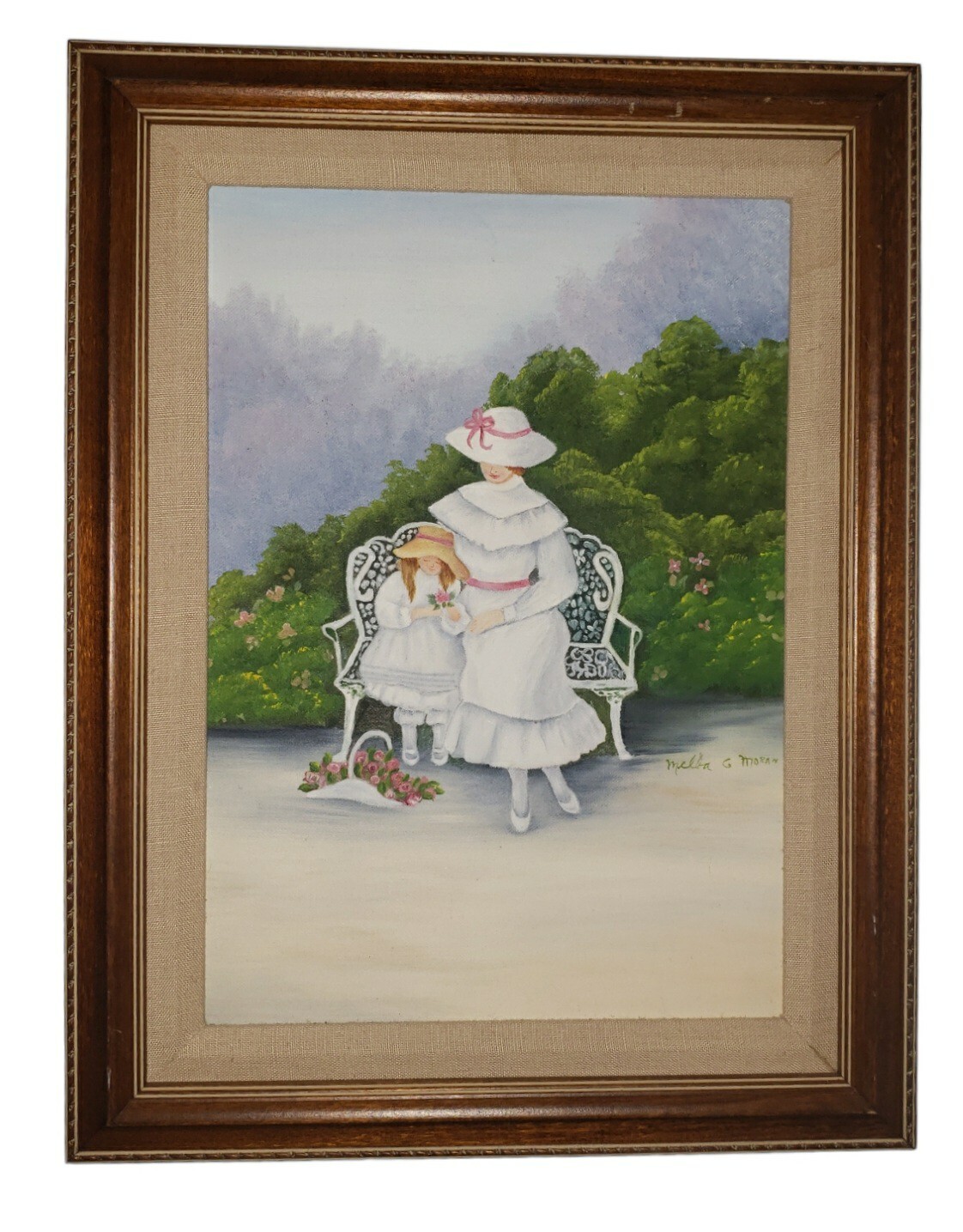 Vintage Oil On Canvas Painting Mother & Child Dressed in White in a Garden