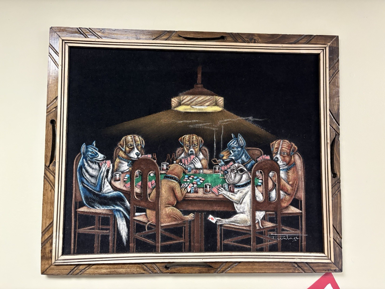 Black Velvet Painting Dogs Playing Poker 19×23″ Kitsch Gambling Mancave