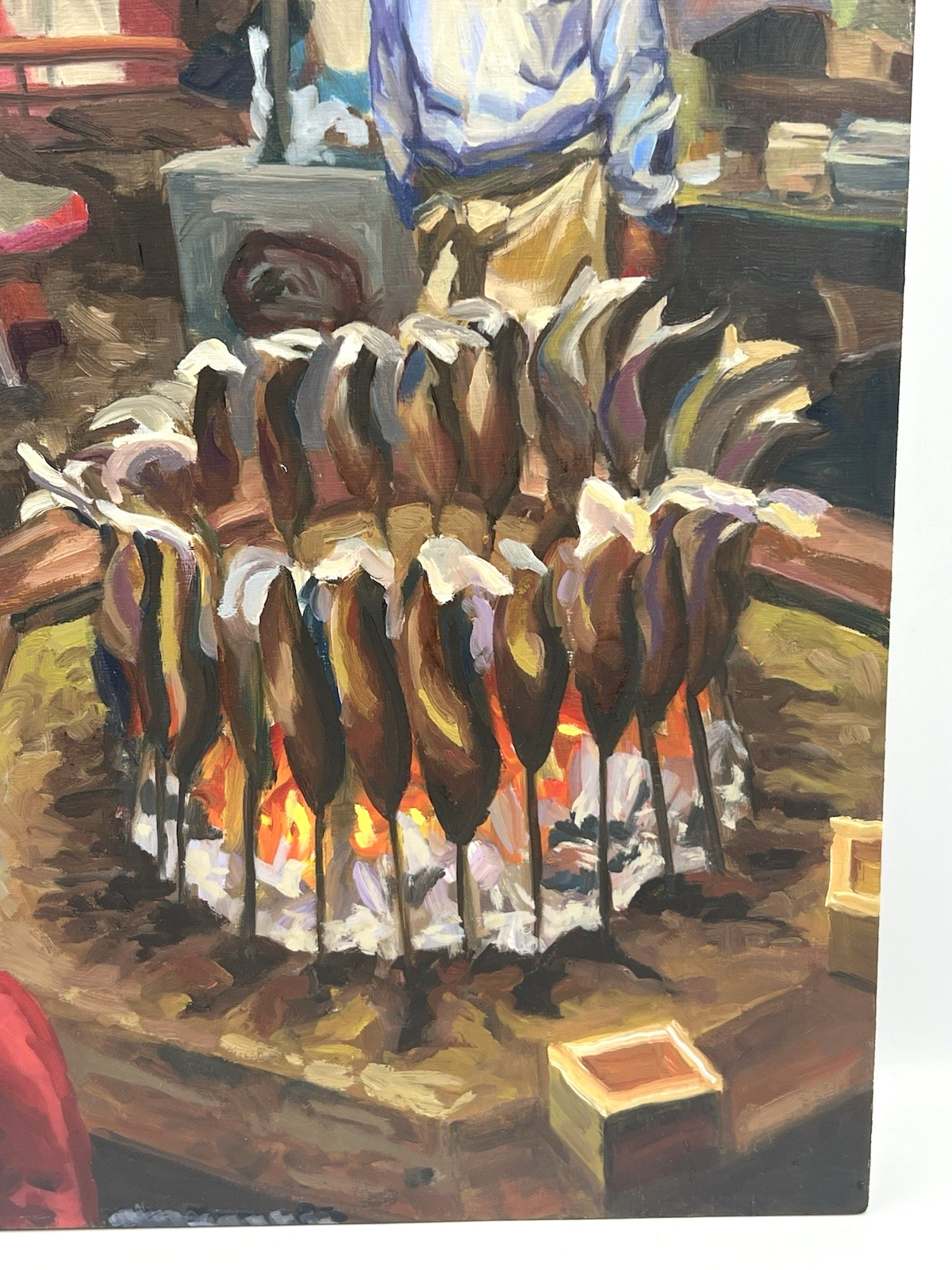 Orig Expressionist Fish Market Oil Painting 12×18 Wood Panel Art Asian Street