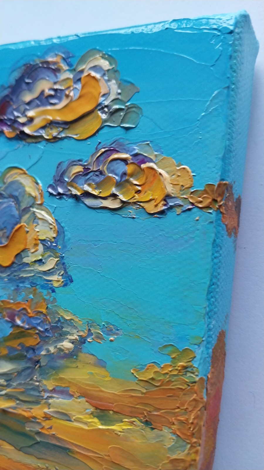 Mini Canvas Seascape Sunset Golden Clouds Over Sea 4×6″ Original Oil Painting