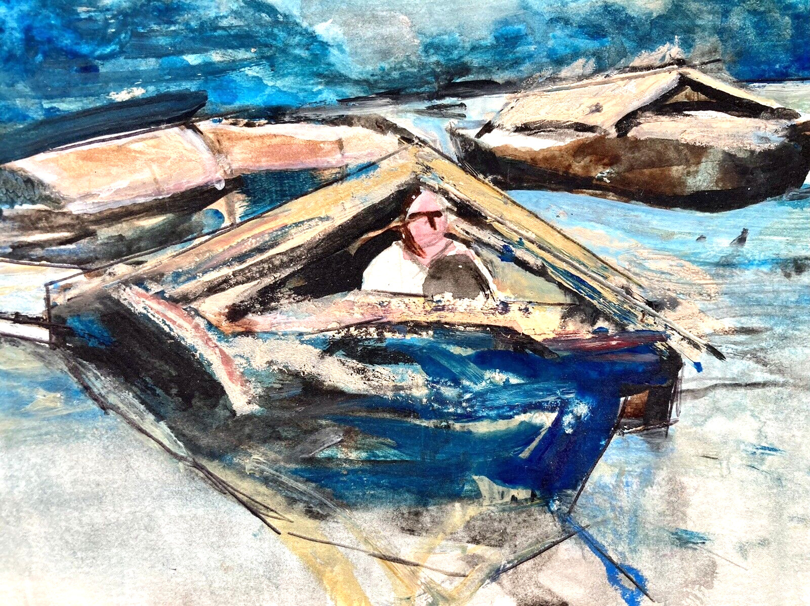 1982 Vintage Wood Boat Painting Art Blue Harbor Marina Fishing Mooring Retro MCM