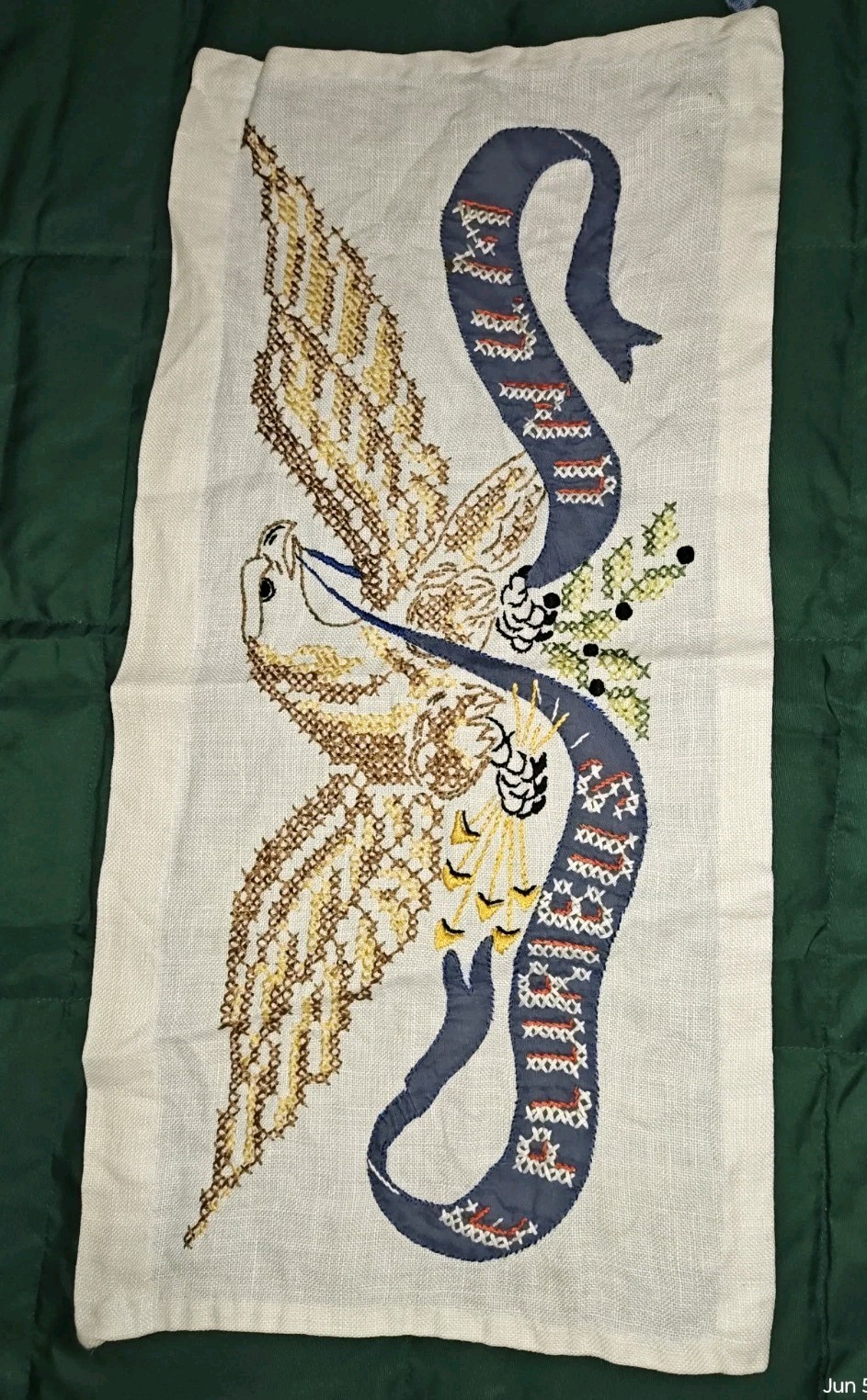 VTG U.S. Eagle PLURIBUS UNUM Flag Cross-Stitch Linen American Folk Art