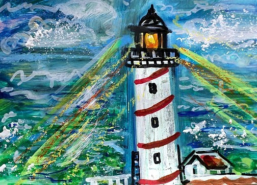 ORIGINAL ACEO Painting LIGHTHOUSE Clouds Day Ocean Waves Light Sea ATC ART