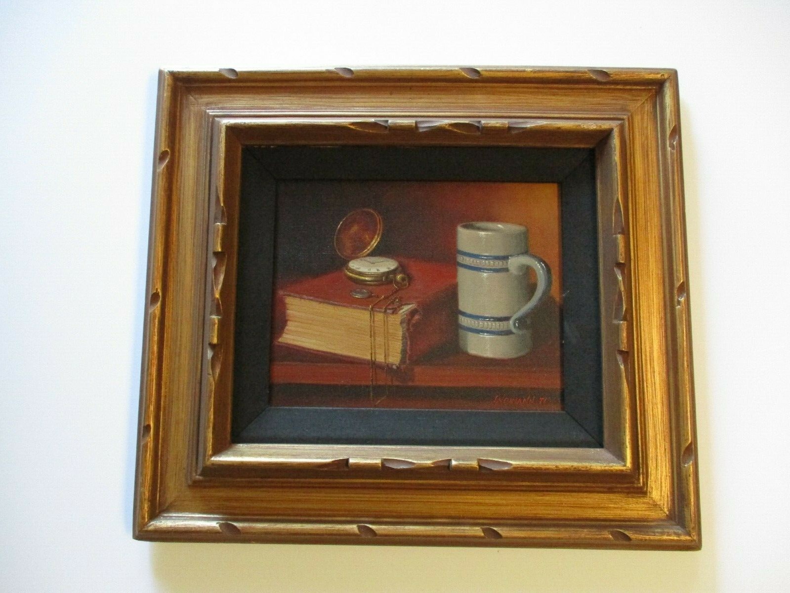 VINTAGE 1970’S OIL PAINTING STILL LIFE WITH ANTIQUE POCKET WATCH BOOK REALISTIC