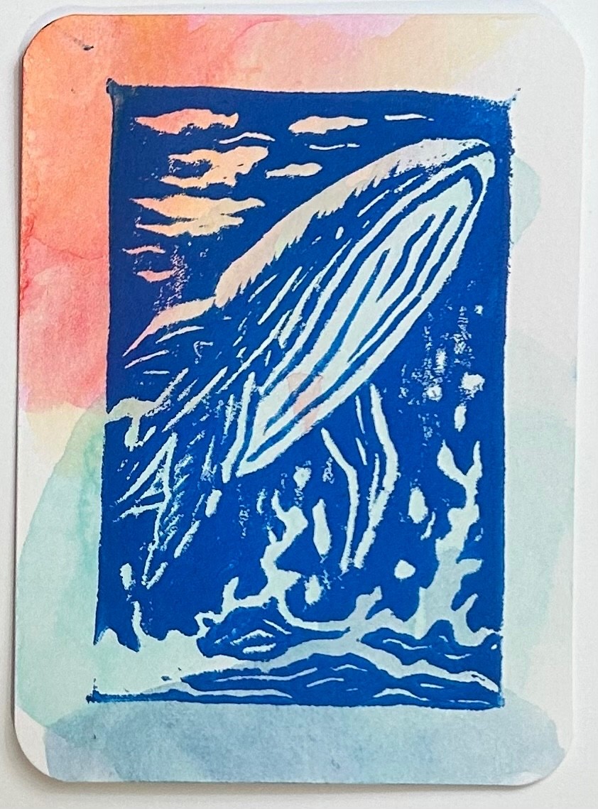 aceo original art by Emily Beck, Whale Print 10, linocut, watercolor 2.5×3.5″