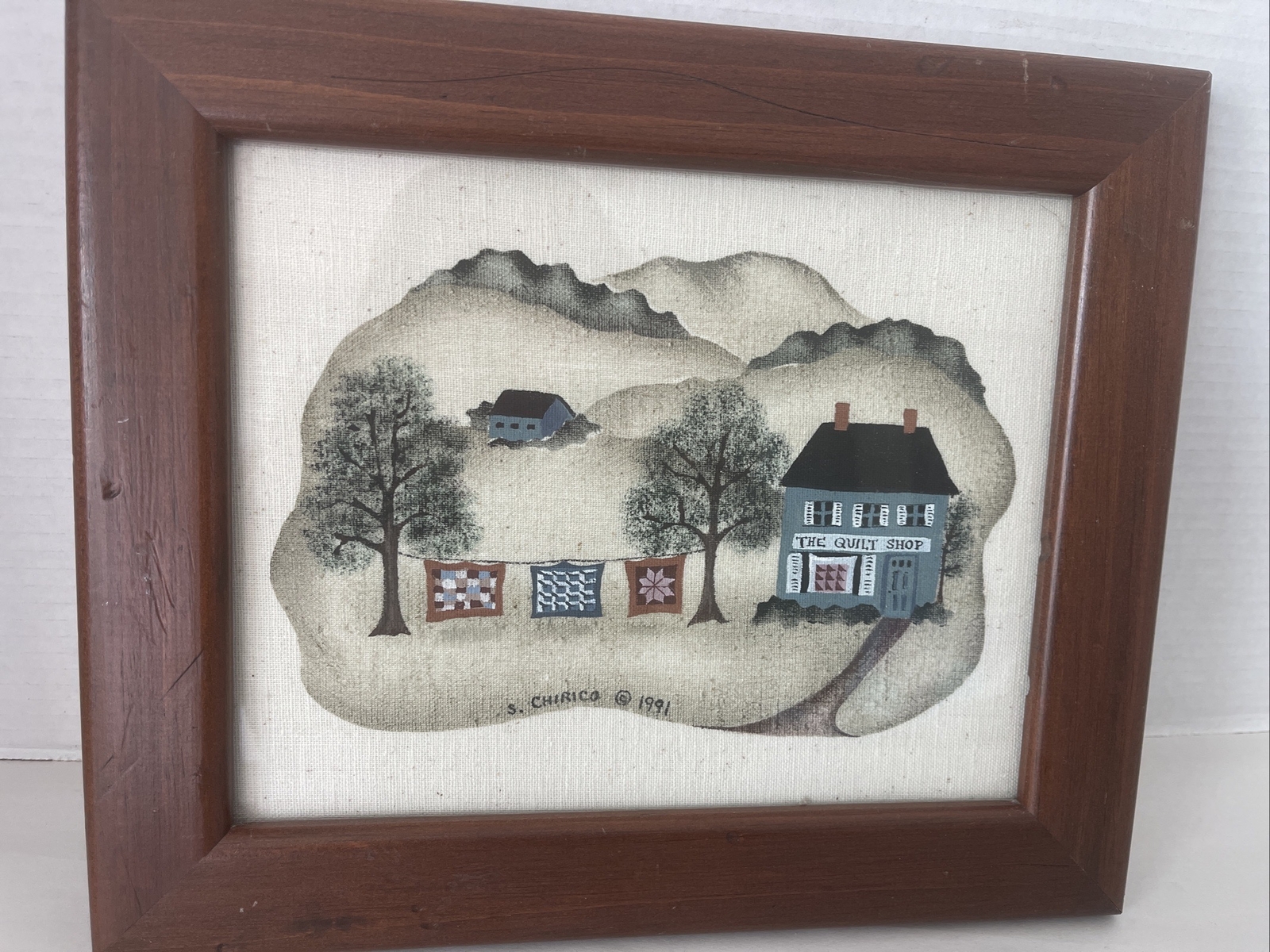 American Folk Art Landscape Quilt Shop Painting Signed 1991 Wood Framed 10.5×12”