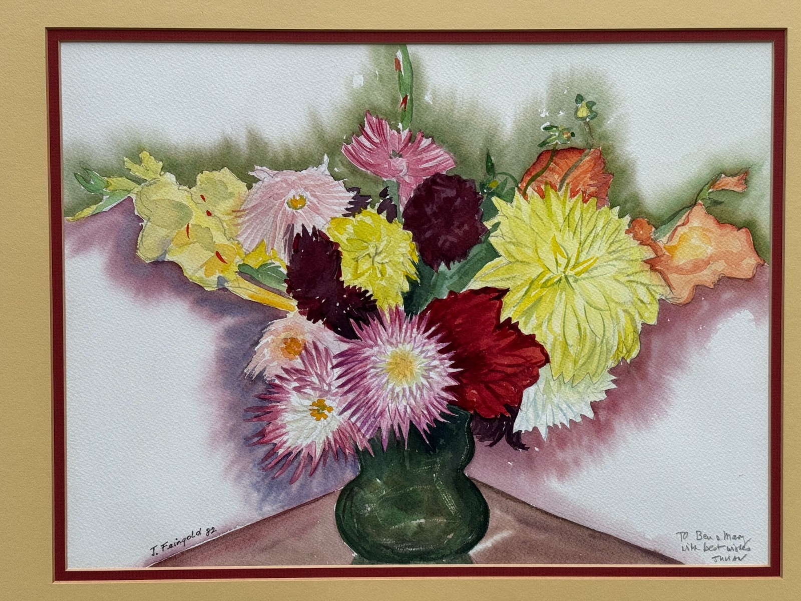 JILIAN J. FEINGOLD VINTAGE ORIGINAL WATERCOLOR PAINTING VASE WITH FLOWERS 1982
