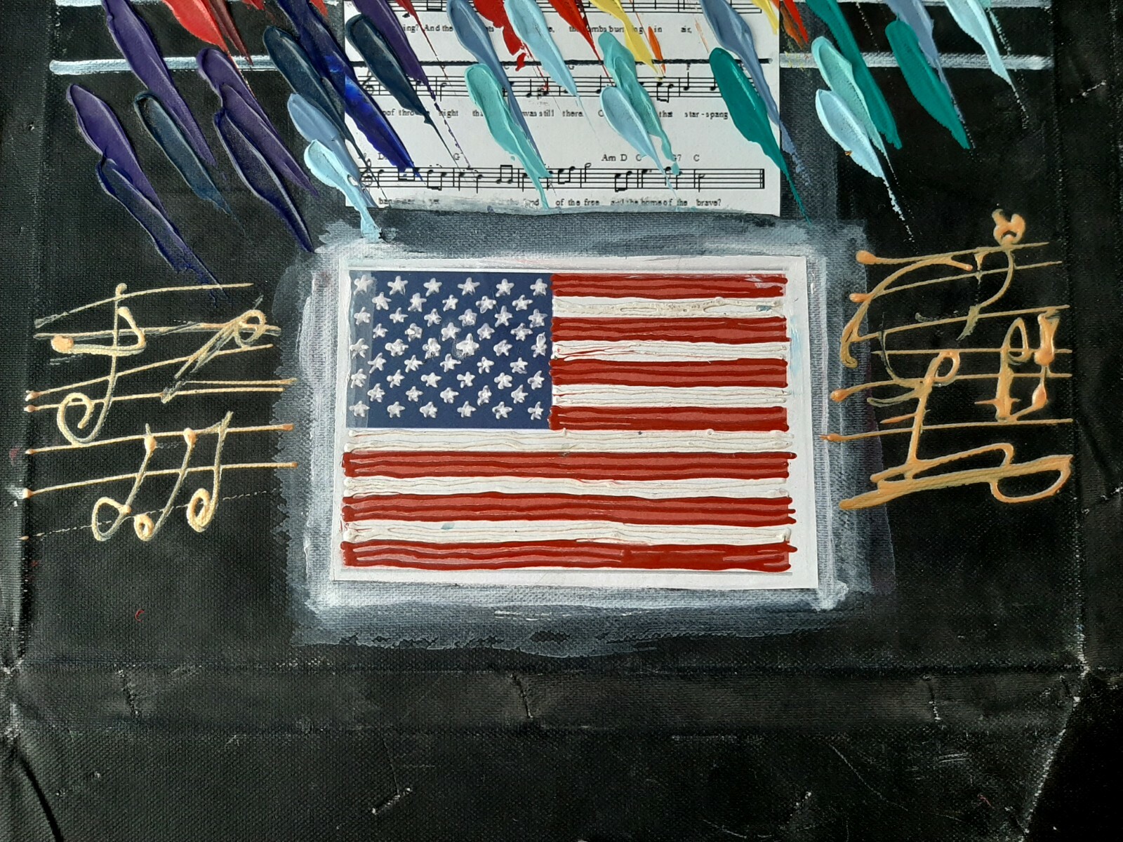 KORB, Oil on Canvas With Collage, American Flag, Musical Theme, Abstract