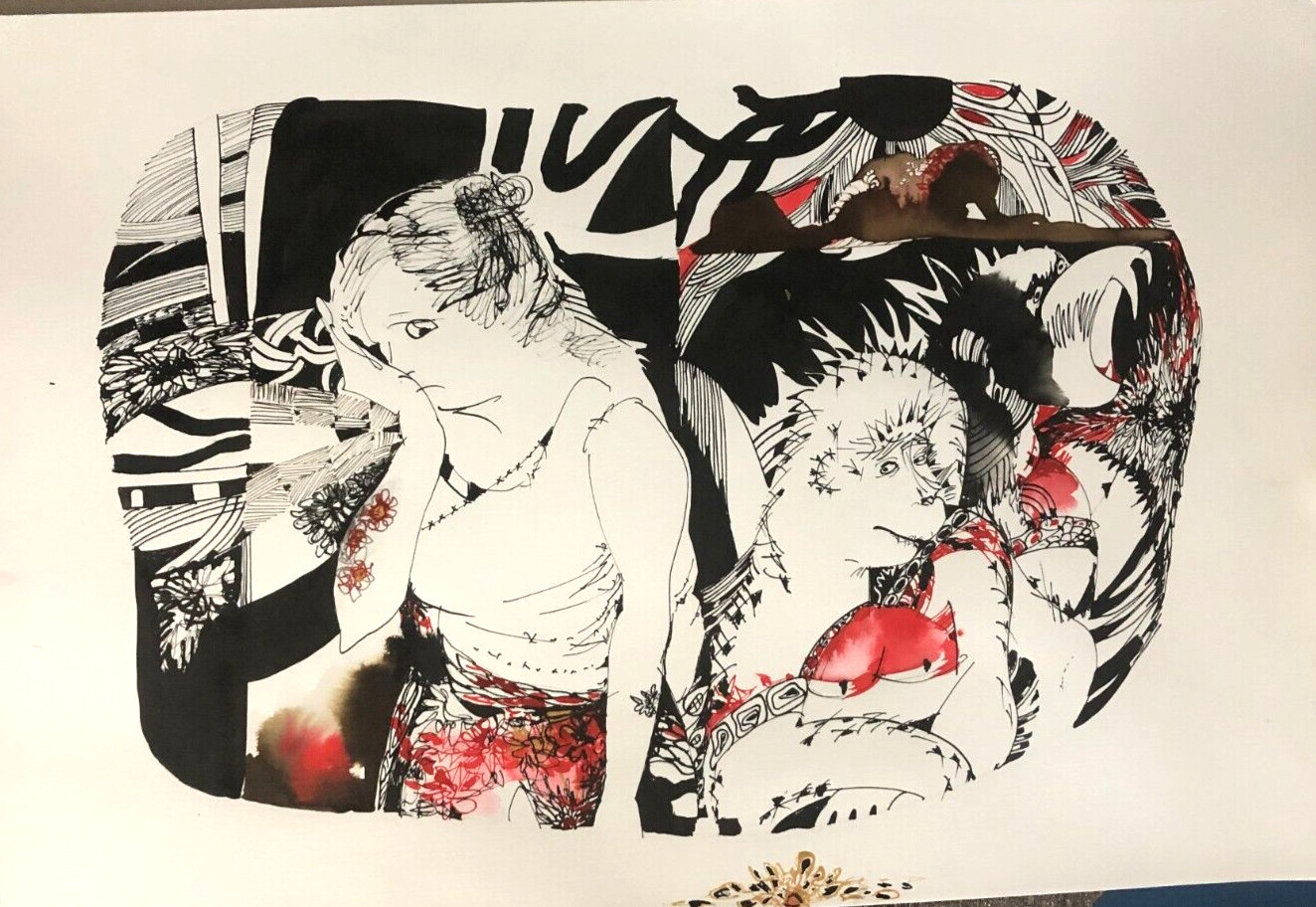 Woman and her monkey Original Ink Painting by Katalina Savola 12 x 16