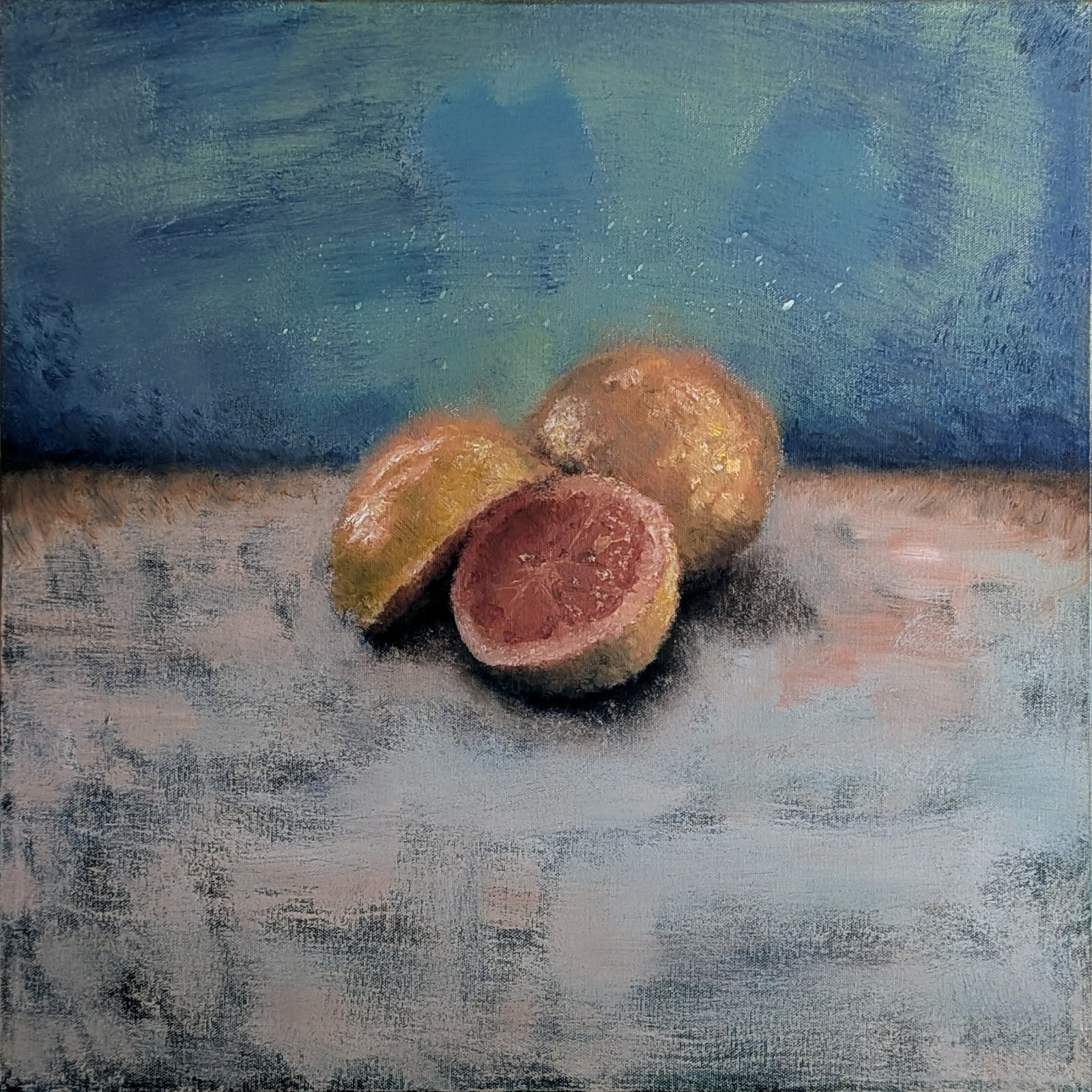 20″ Modern Impressionist Oil Painting Ethereal Still Life Grapefruit Fruits Blue