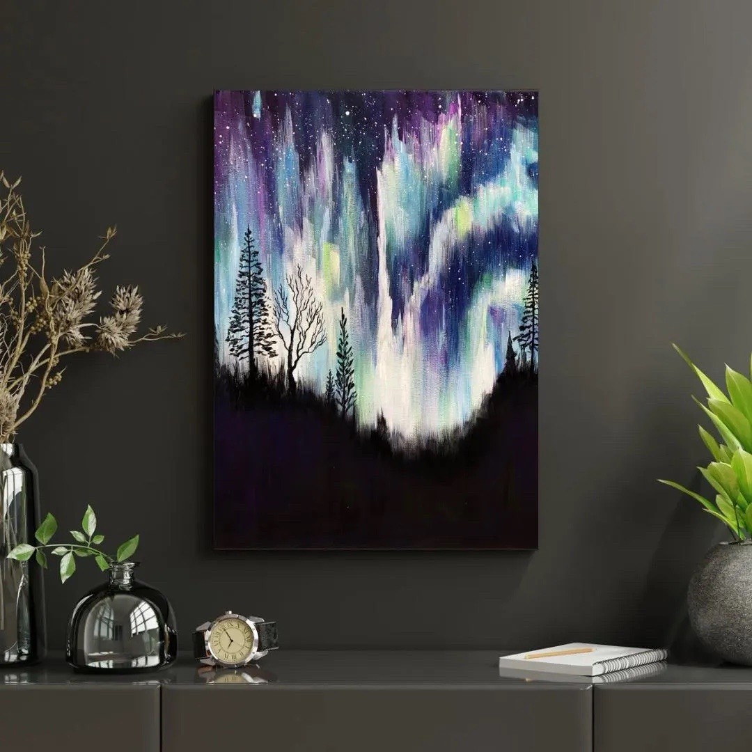 Northern Lights Painting Aurora Borealis Original Landscape Night Sky Minnesota