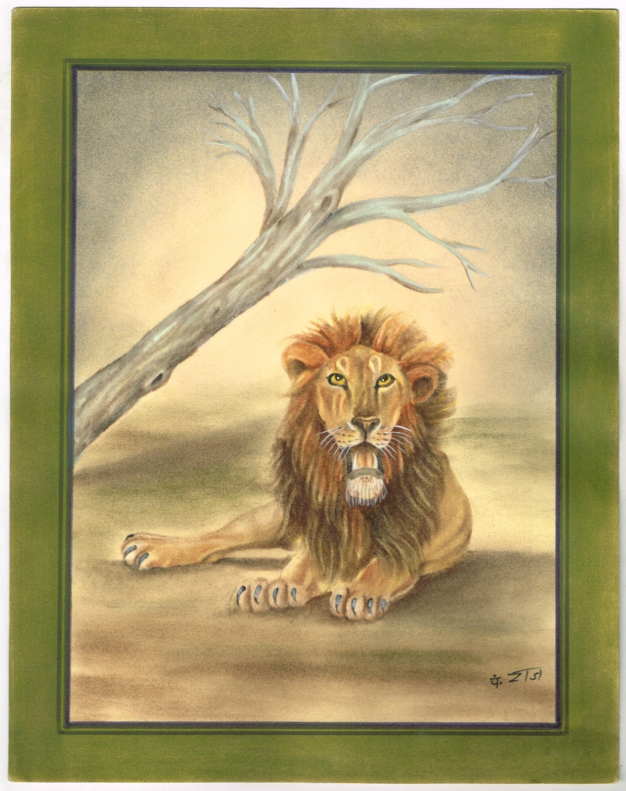 Animal Miniature Painting Of Lion Handmade Vintage Art On Paper 10.5×13.5 Inches