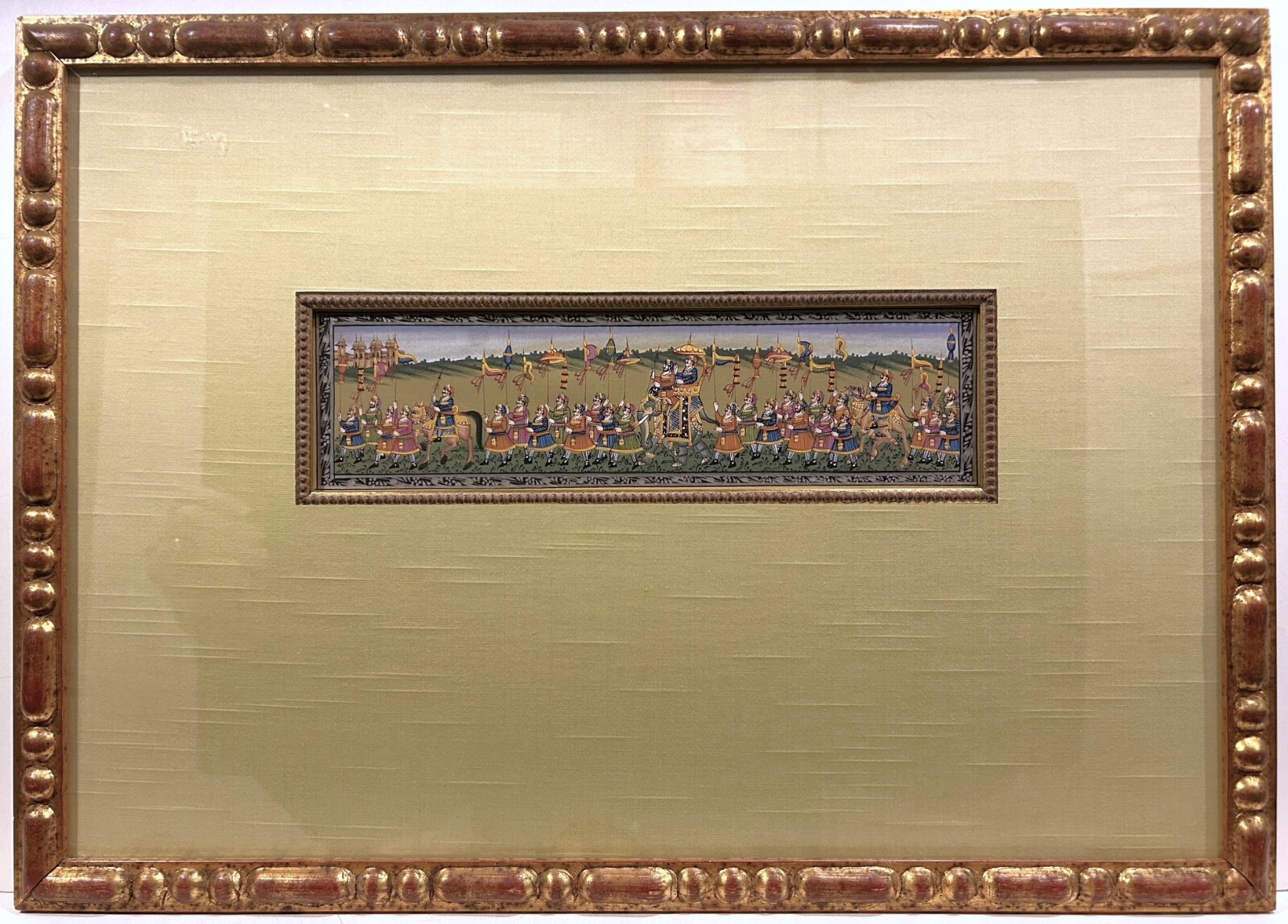 Very Fine INDO PERSIAN GOUACHE PAINTING ON SILK Royal Procession Custom Framed