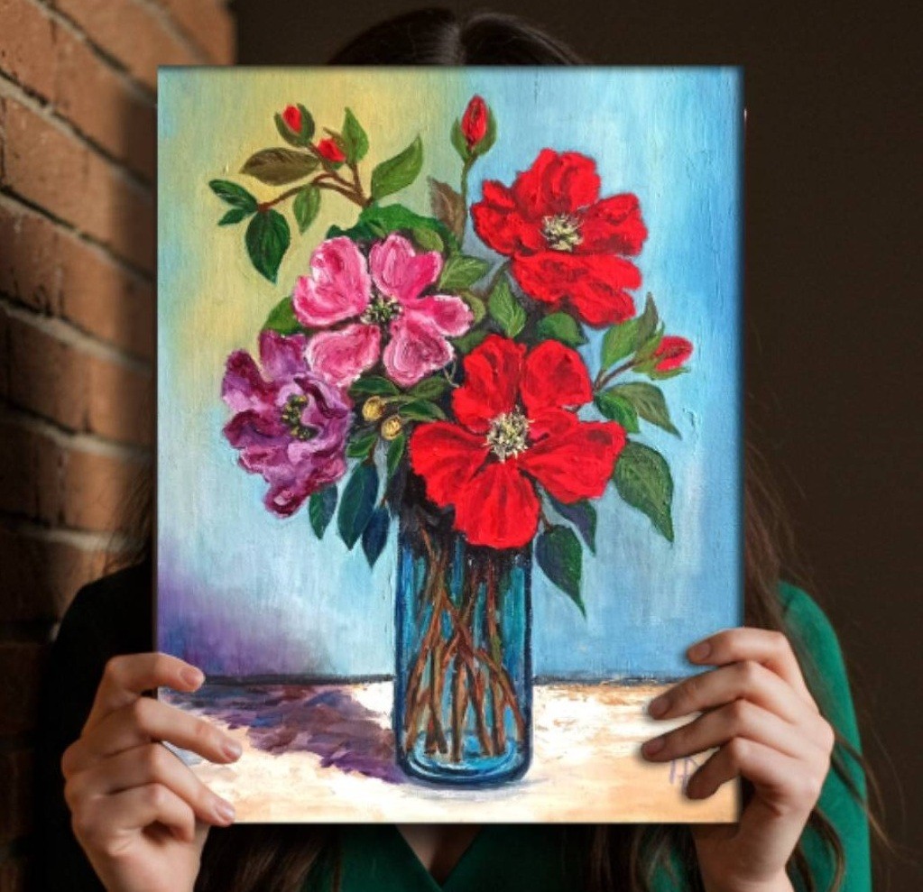 Colorful Floral Artwork Red and Purple Flowers Paintin Original Oil Art 11×14 in