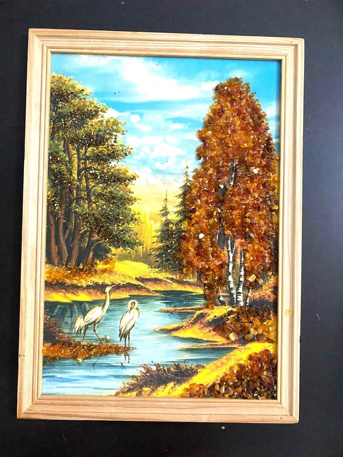 Handicraft Impressive Painting Swans Trees Baltic Amber Masterpiece Wood Frame