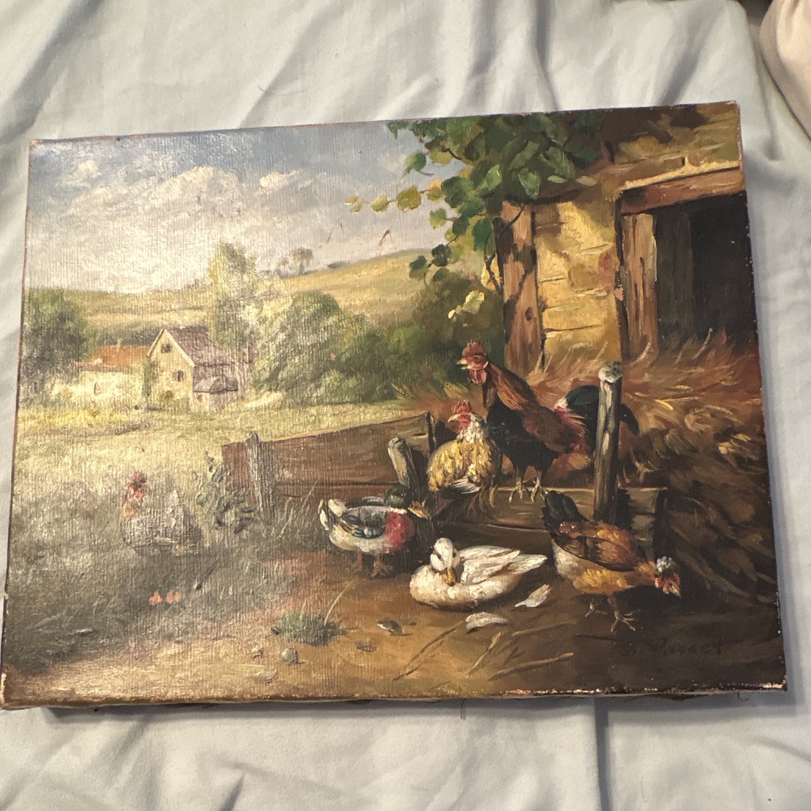 Farmyard Landscape Painting w/ Chickens Ducks Barn, Realism, Small, Unframed