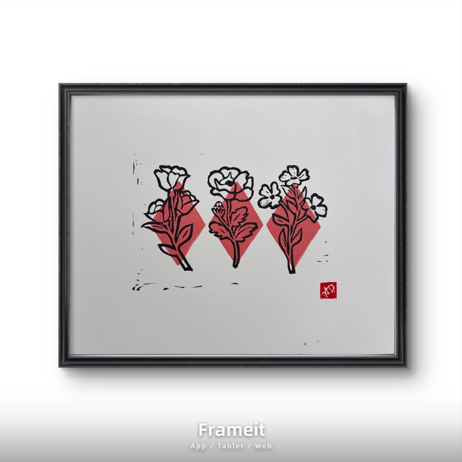 Pink Diamond Flowers 2 Linocut Print By Alannah Dyer- Acrylic 8×10 in. Painting