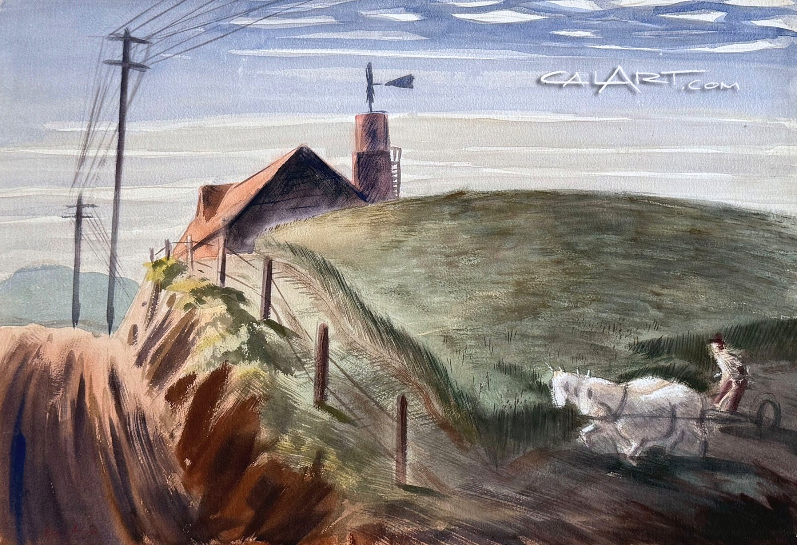 1940s MAN & HORSES MOWING HAY FIELD Salinas CaLiFoRnia Narrative Farm Painting
