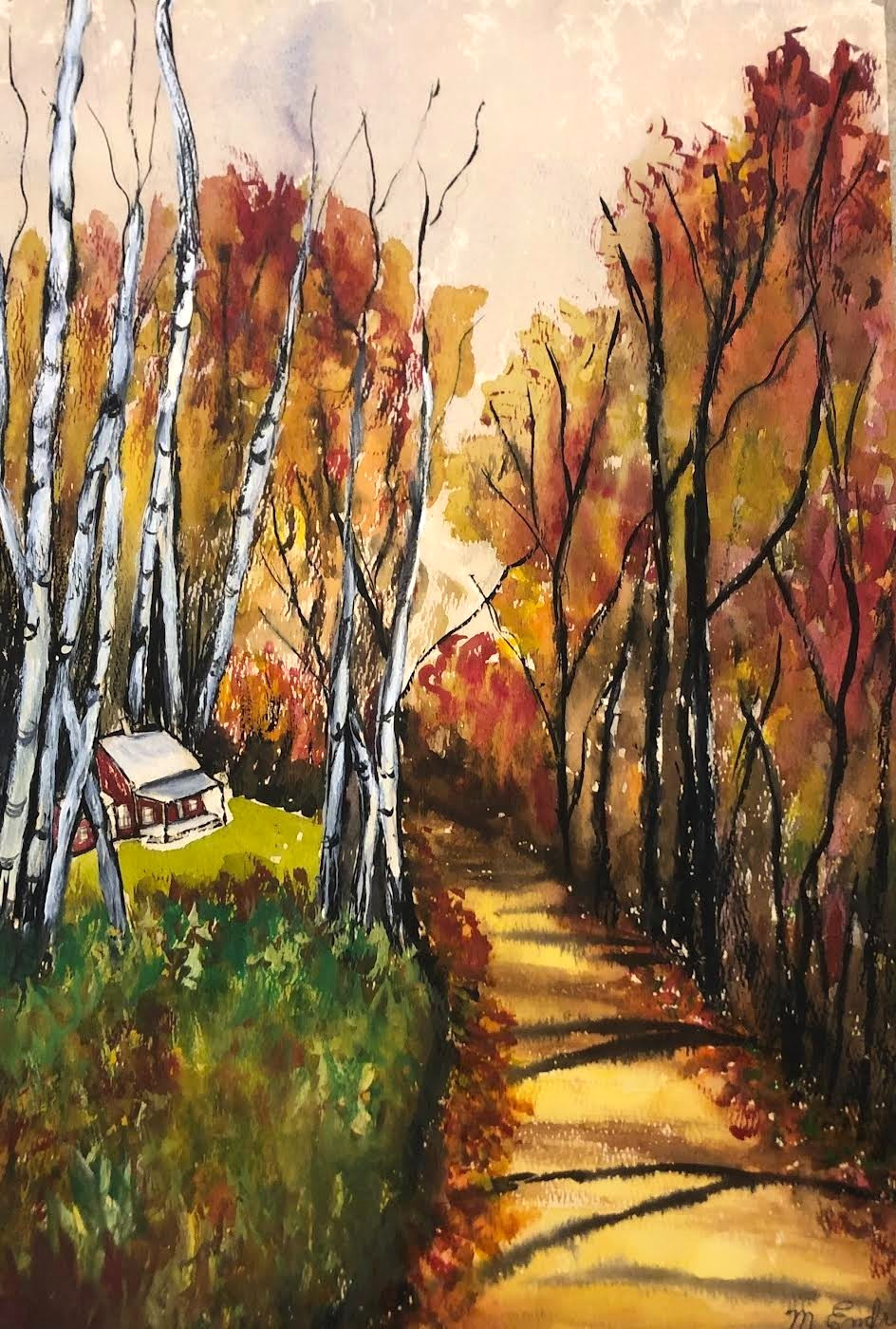 Cabin in the Woods by M Endre Watercolor 16.5″ by 11.5″ Vintage