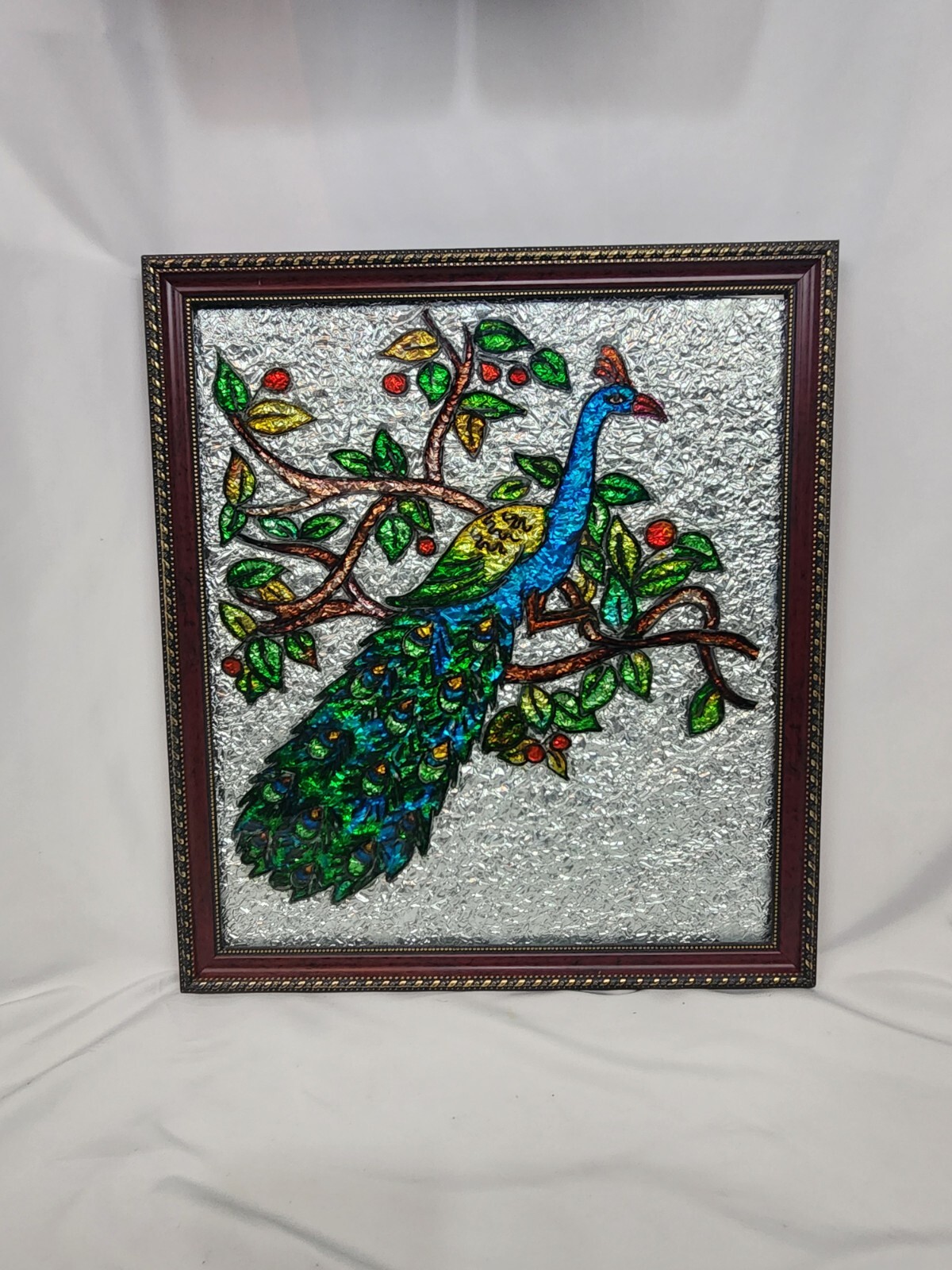 Vintage Aluminum Foil Art, Peacock, Reverse Painted