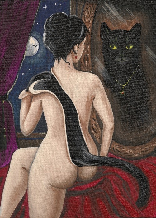 5×7 PRINT OF HALLOWEEN PAINTING WITCH BLACK CAT RYTA CROW CROW MOON folk art 🌗
