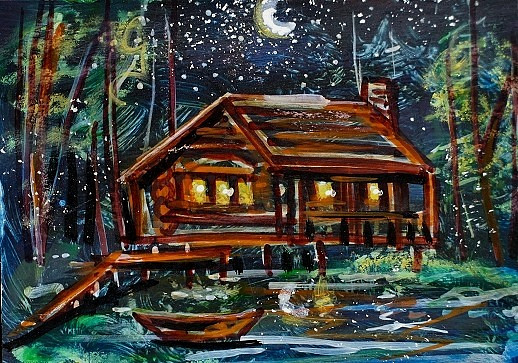ACEO Original PAINTING Spring TREE Night Sky Moon CABIN Nature Landscape ATC ART