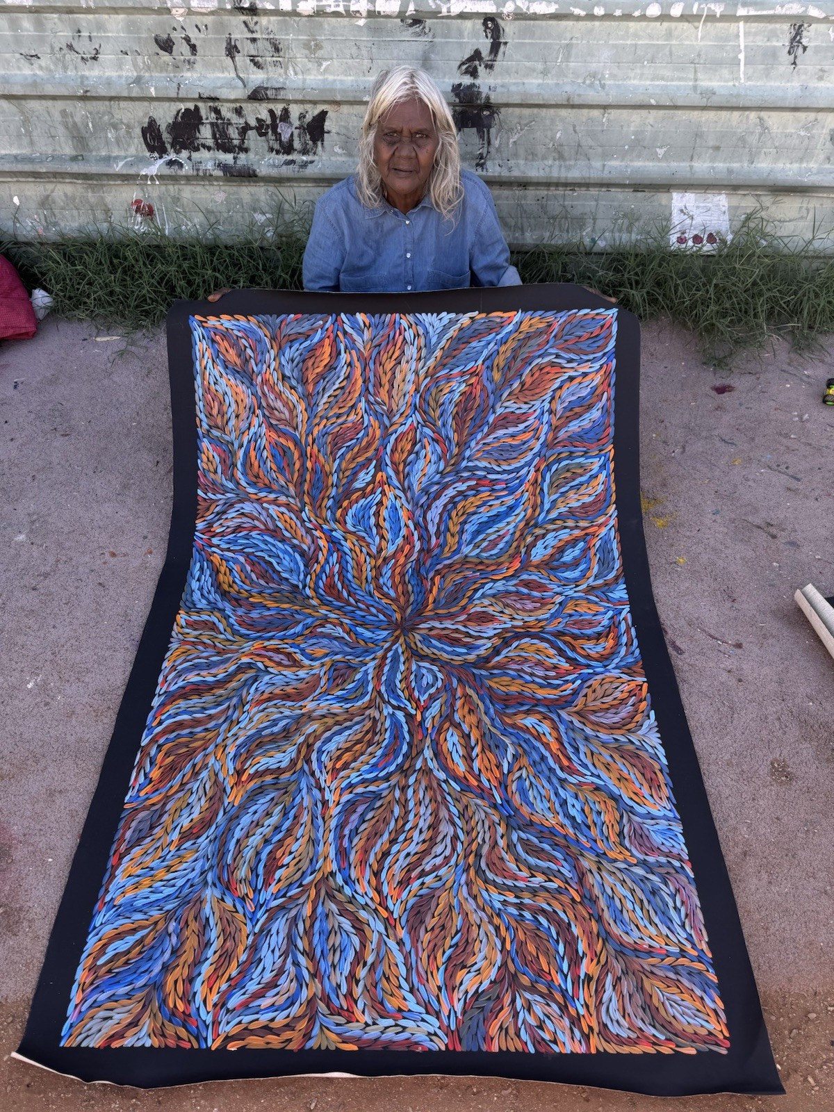 Rosemary Petyarre .Authentic Aboriginal Art. Bush yam flower, Size; 150 x 100cm