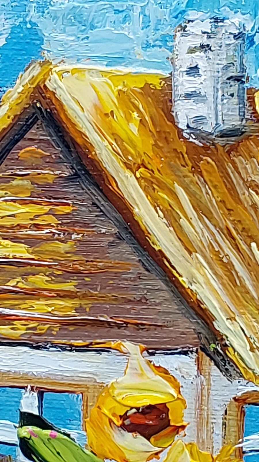 Original Rustic Cottage Painting with Sunflowers, Farm Art, Oil on Canvas 7×8 in