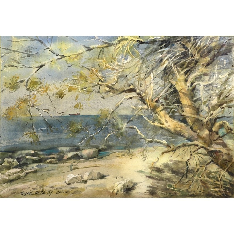 ORIGINAL Painting Impressionism Tree on the Seeshore 13.7″x19.6 Piter Ilitzky