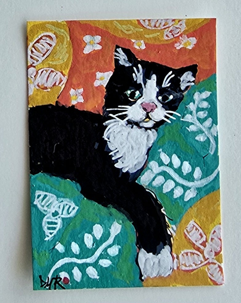 Original ACEO Black Cat Pillows Relax Miniature Whimsical Dulce Maria Rico»BINX»